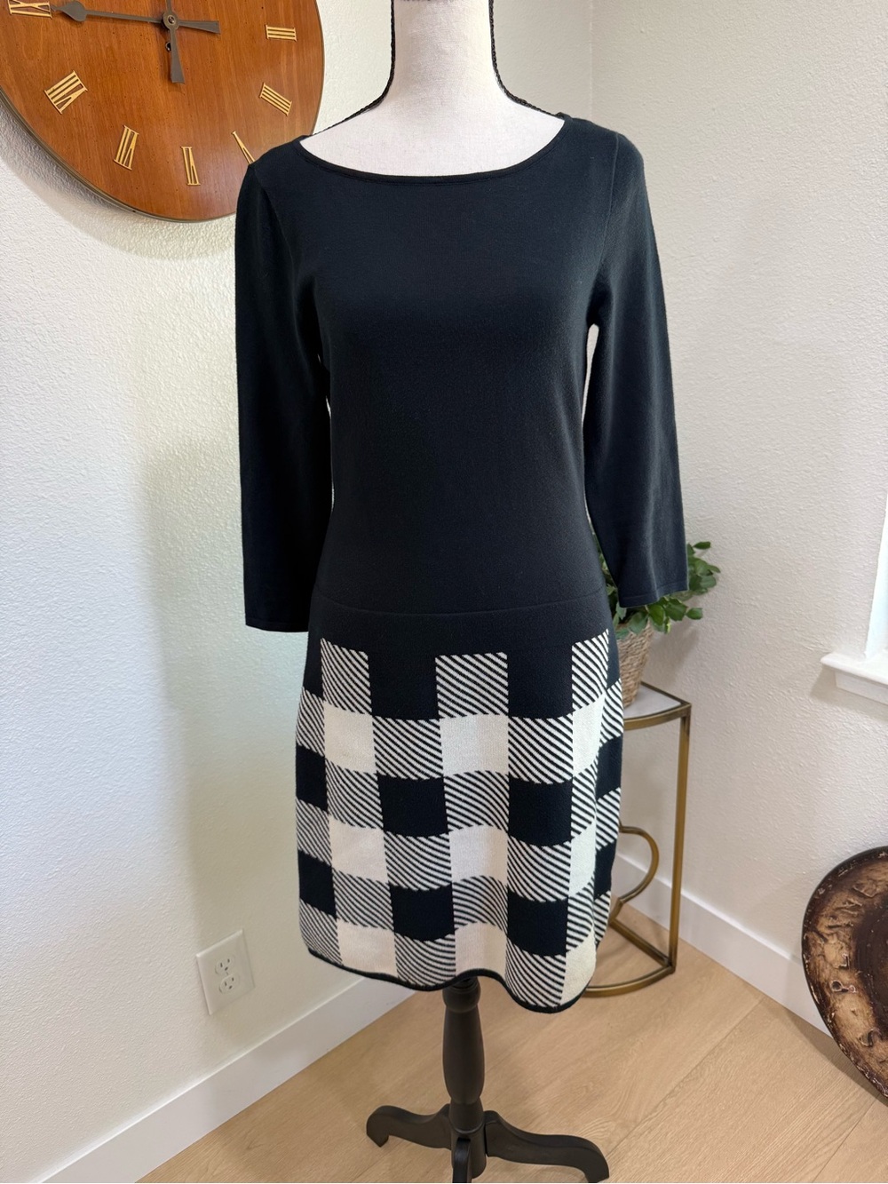 Lauren Ralph Lauren Black Cream Check Sweater Dress Size Small